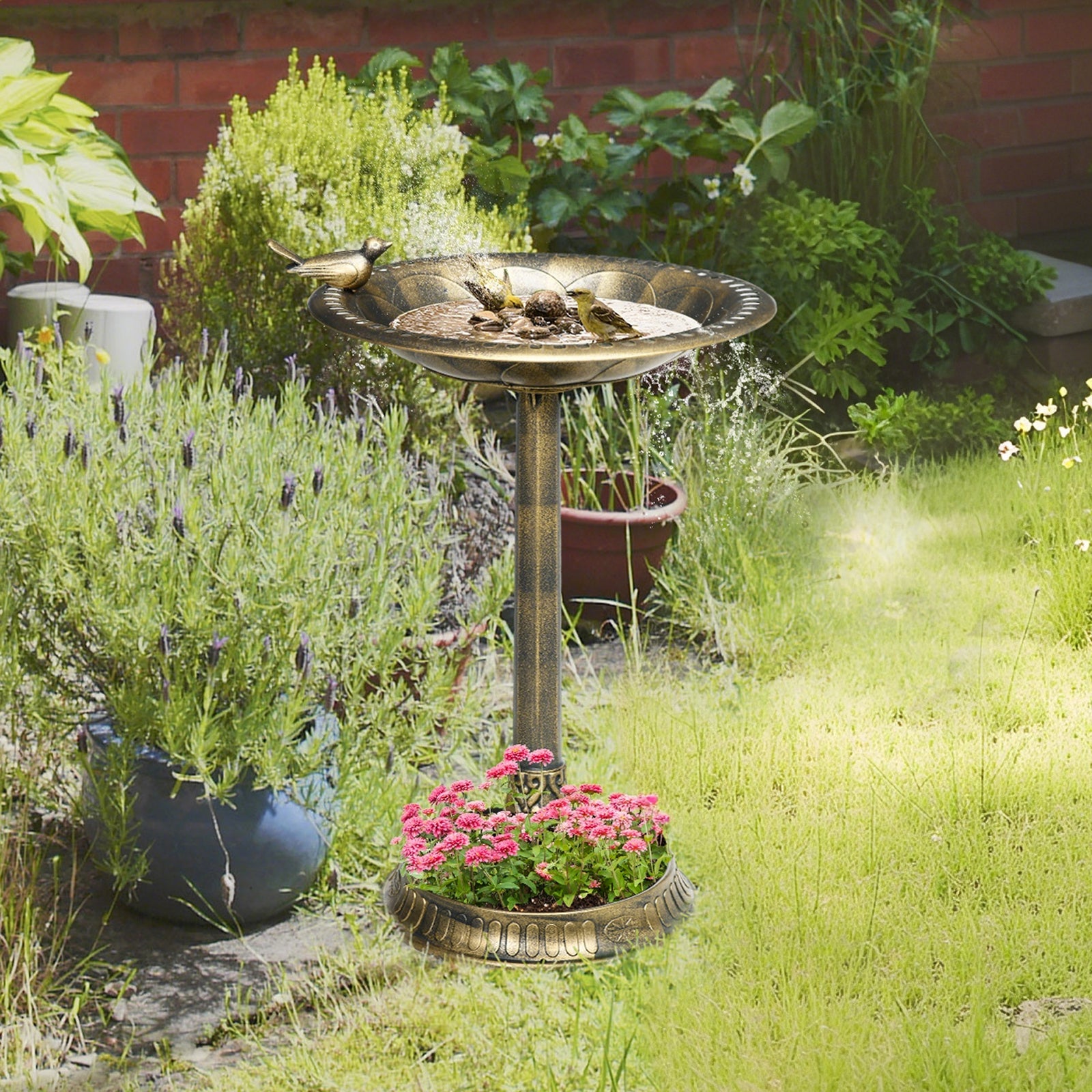 Outsunny 72cm Tall Antique Bird Bath for Garden, Vintage Style Birdbath with Bird Decoration and Flower Planter Base, Bird Bath Bowl for Outdoor, Bronze Tone