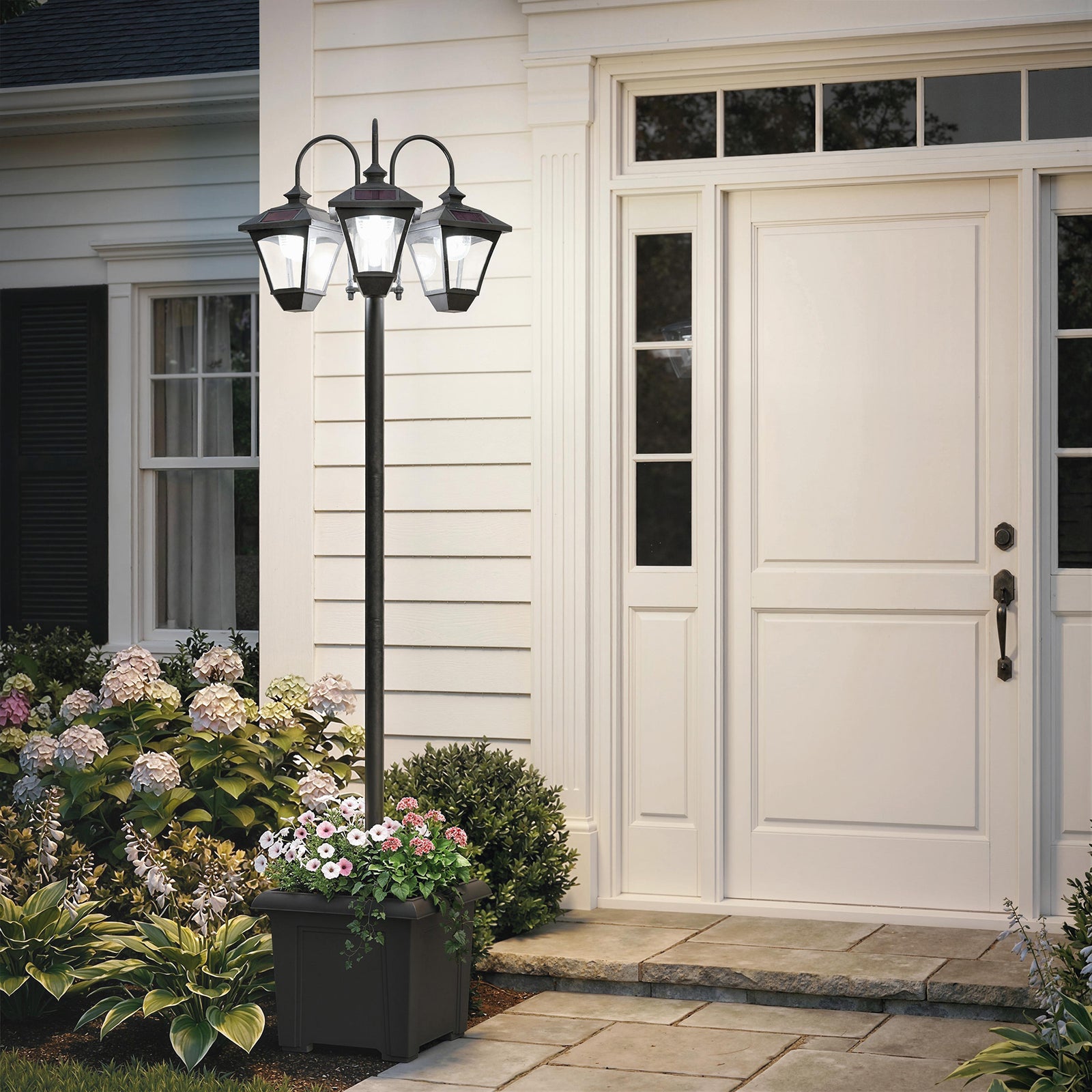 Solar Lamp Post with Dusk-to-Dawn Sensor Street Light with 3-Head Plan