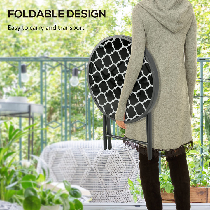 Φ45cm Garden Side Table, Outdoor Round Folding Patio Table with Imitation Marble Glass Top, Small Coffee Table, Black and White