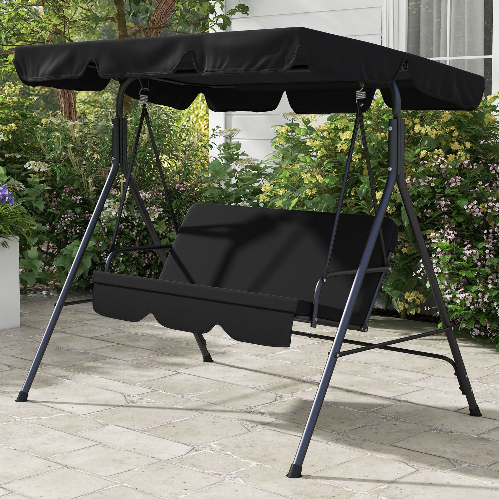 Three-Seater Garden Swing Chair, with Adjustable Canopy - Black