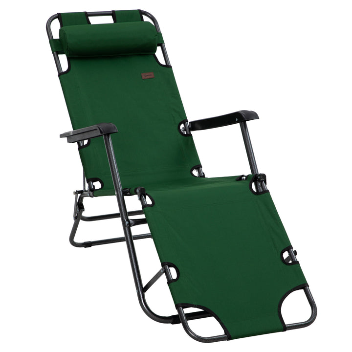 2 in 1 Sun Lounger Folding Reclining Chair Garden Outdoor Camping Adjustable Back with Pillow, Green