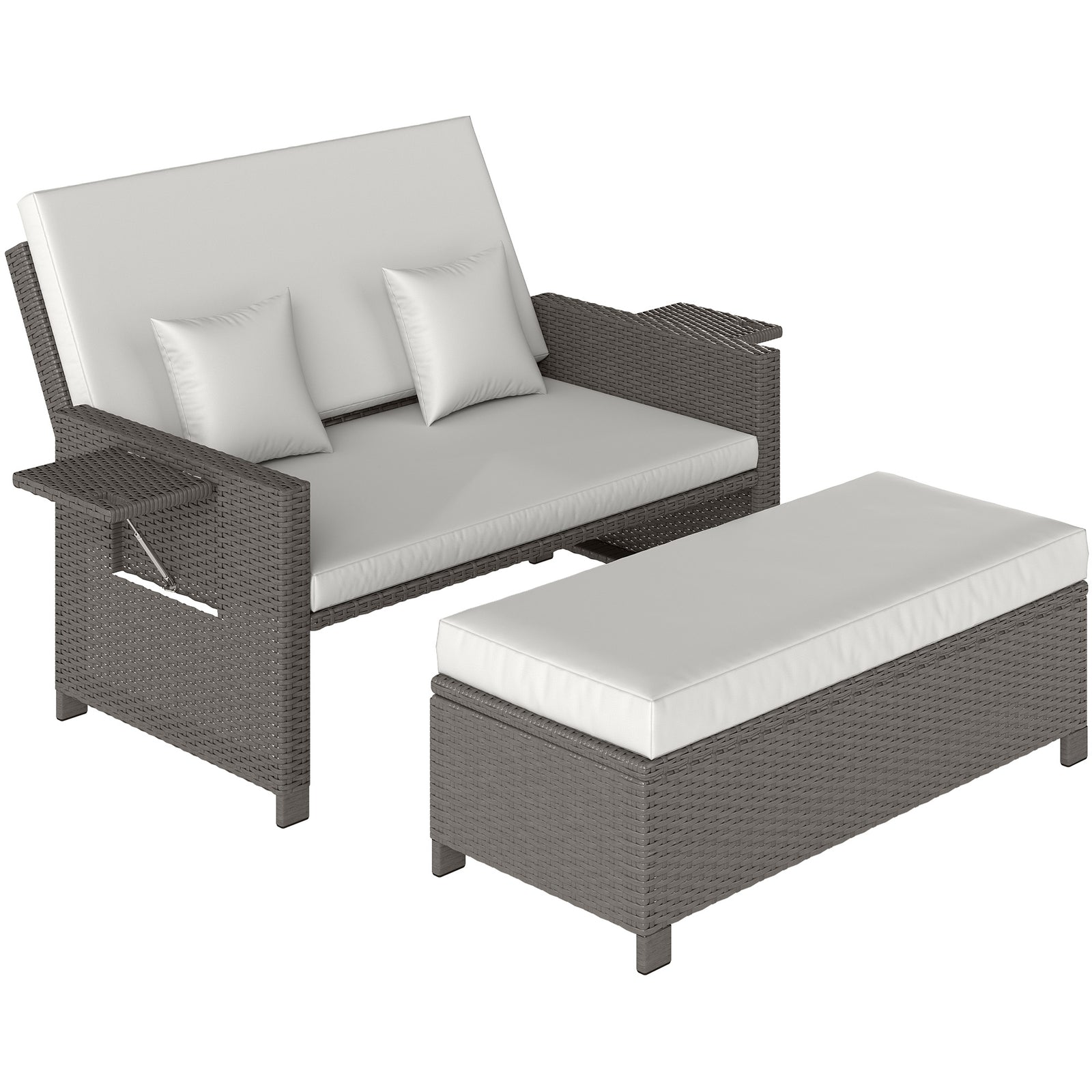 Rattan Day Bed, with Footstool - Light Grey