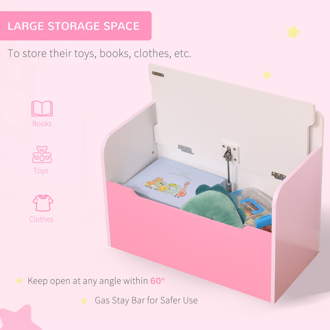 HOMCOM Kids Wooden Toy Storage Chest Chair 2 in 1 Design with Gas Stay Bar Safety Hinges Lid 60 x 30 x 50cm Pink | Aosom UK