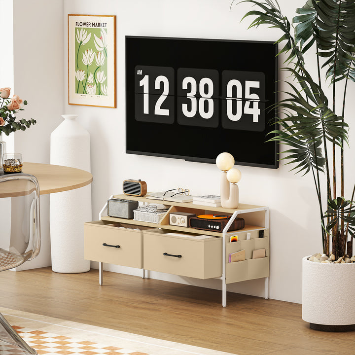 TV Stand Cabinet, TV Unit for 55-inch TVs with 2 Foldable Fabric Drawers, 5 Divided Side Pockets, Open Shelves, Console Table for Living Room, Bedroom, Entertainment Room, Natural Wood Finish