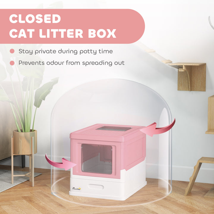 Hooded Cat Litter Box, Portable Pet Toilet, with Scoop, Front Entry - Pink