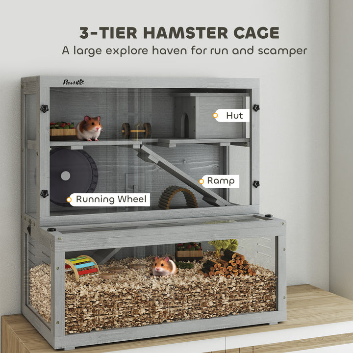 Wooden Hamster Cage with Hut, Wheel, Ramps, Removable Viewing Panels, 80 x 50 x 84 cm