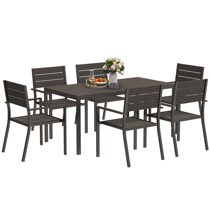 7 Piece Garden Furniture Set, 160 x 80 cm Rectangle Table and 6 Stackable Chairs Set, Outdoor Dining Set for Balcony, Deck, Dark Brown