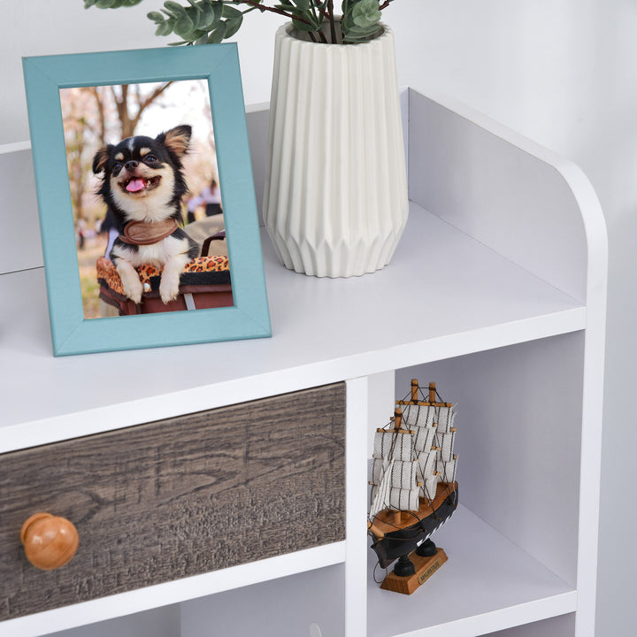 Bookcase, Freestanding Book Shelf with Storage Drawer, 6 Shelves and Wood Legs for Home Office Display, White and Grey, 24D x 60W x 86.8H cm
