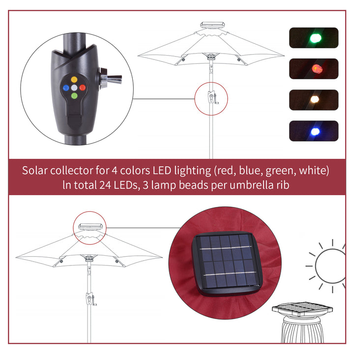 Φ2.7m Garden 24 LED Light Parasol Solar Outdoor Tilt Sun Umbrella Patio Club Party Event Manual Sun Shade w/ Hand Crank and 8 Ribs, Red