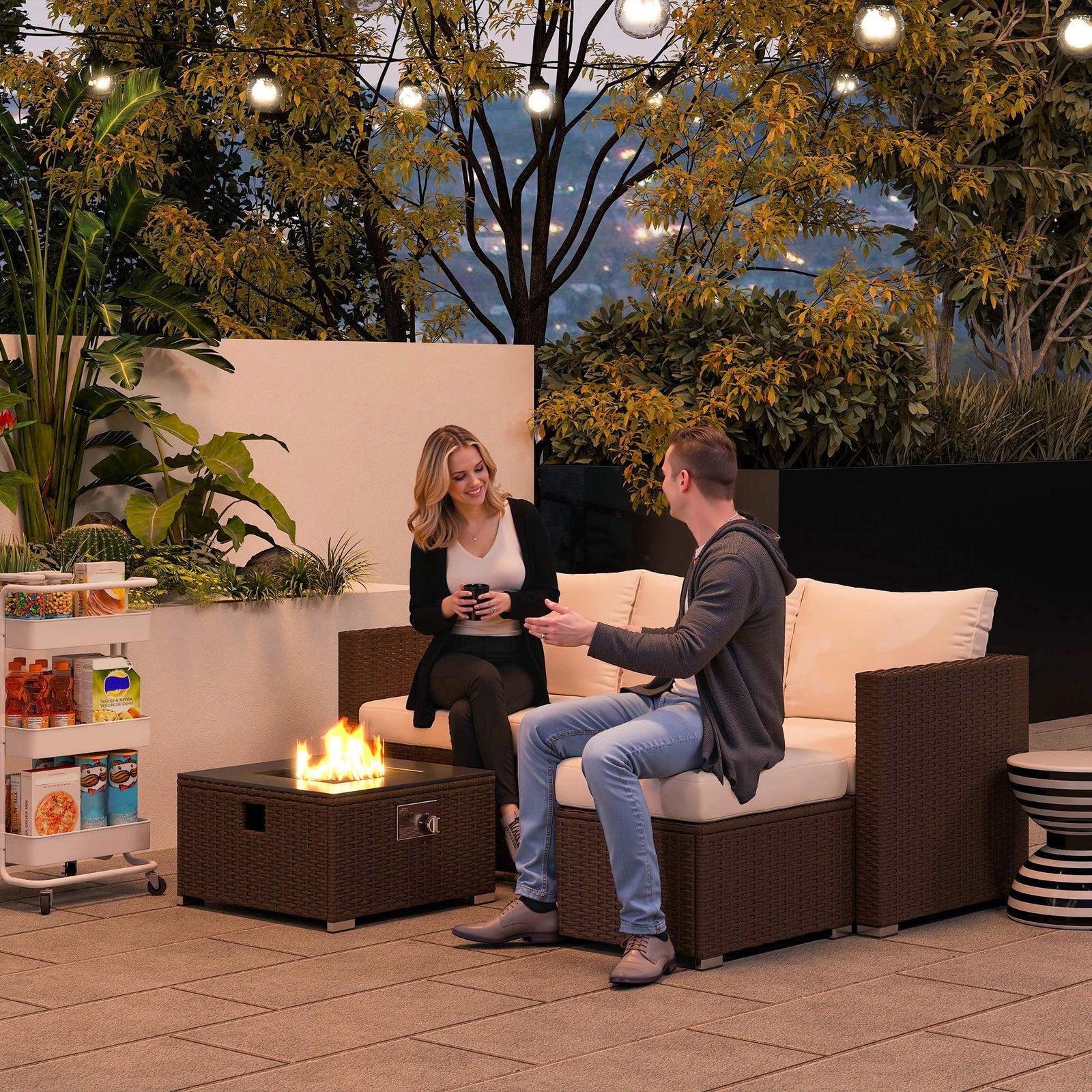 Five Piece Rattan Garden Furniture Set with Gas Fire Pit Table and Footstool - Brown and Cream White