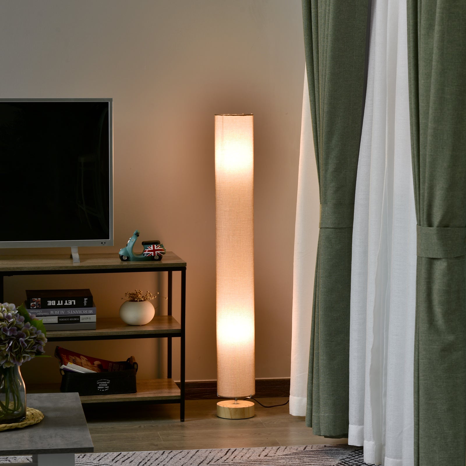 Floor Lamp for Living Room, 120cm Modern Standing Lamp with Linen Shade and Wooden Base, Cream