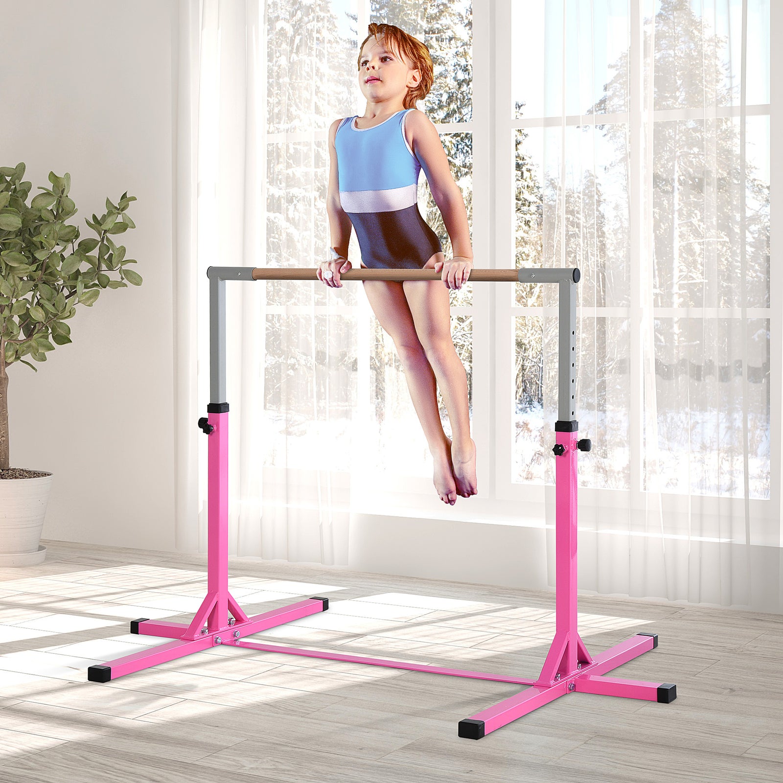 Height Adjustable Gymnastics Horizontal Bar for Kids, Children Junior Kip High Bar Fitness, Pink