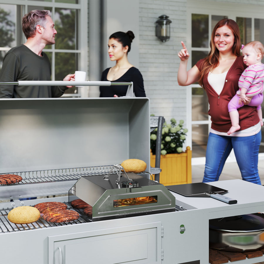 8 in Portable Stainless Steel BBQ Grill Top Pizza Oven with Built-in Thermometer and Viewing Window for Gas and Charcoal BBQ Grills, Includes Carry Handles, Pizza Stone and Peel, Silver Tone