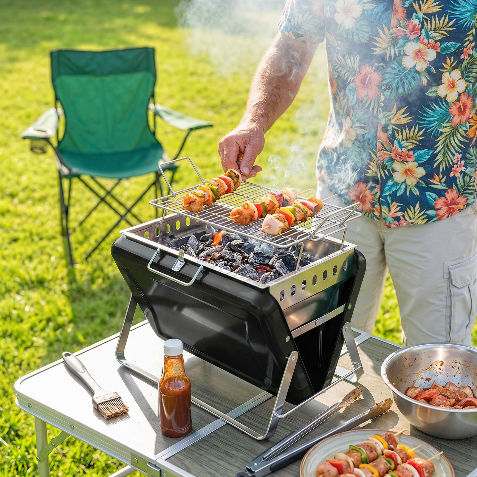 Charcoal BBQ Grill Portable Stainless Steel Barbecue with Tilting Grat
