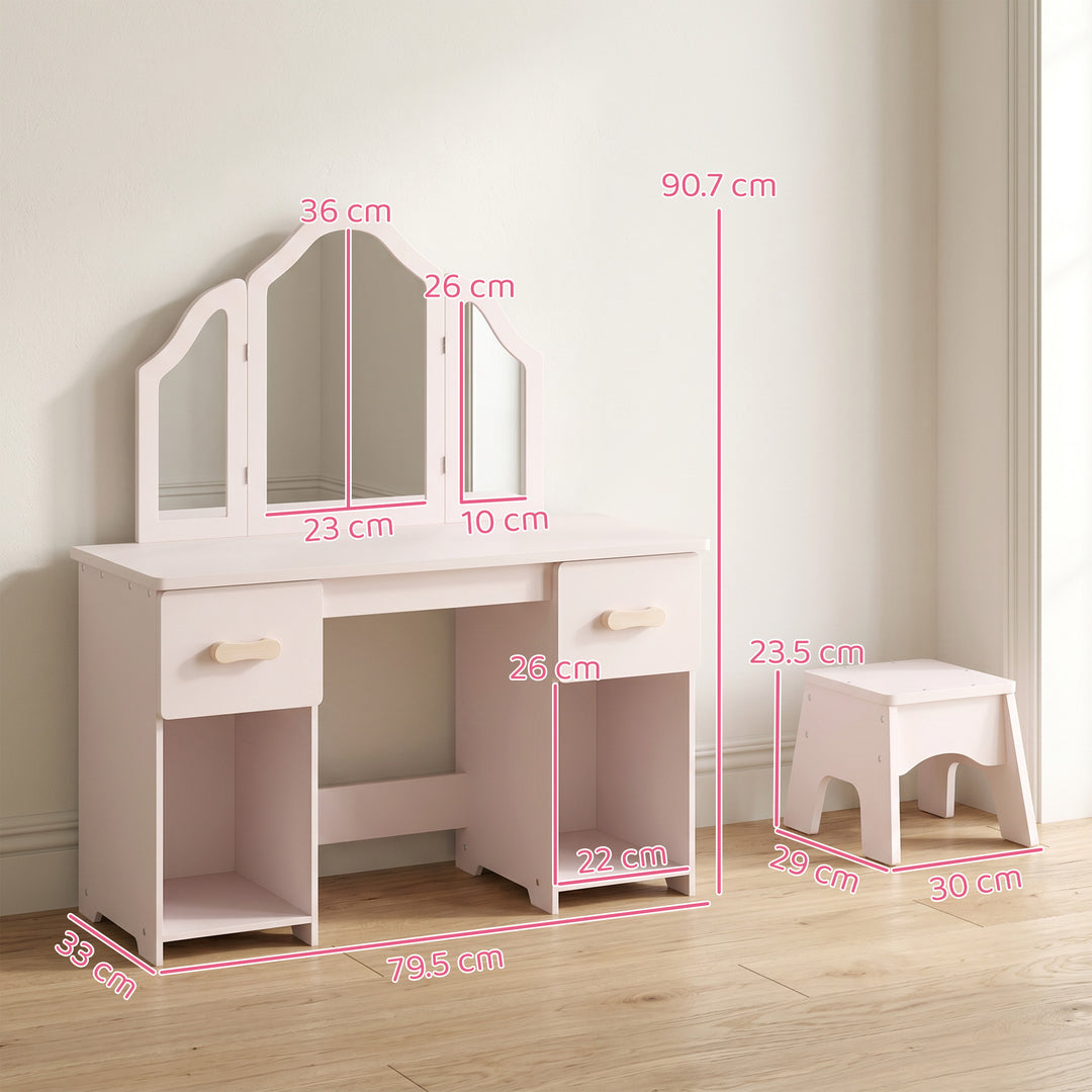 Kids Dressing Table, Kids Vanity Table and Chair Set with Tri-Folding 
