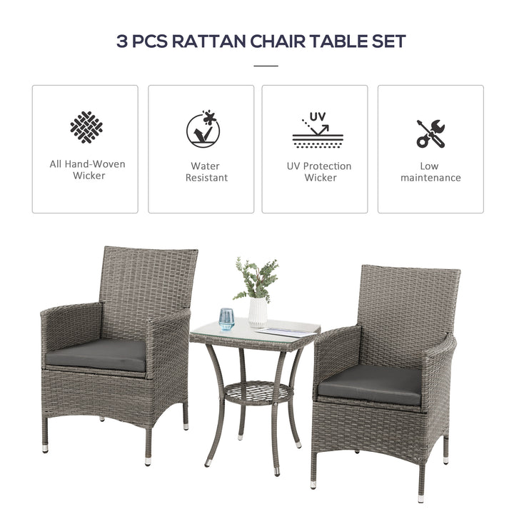 Outsunny Three-Piece Rattan Bistro Set,with Cushions, Garden Furniture,Wicker Weave Conservatory Companion, Chair Table Set - Grey