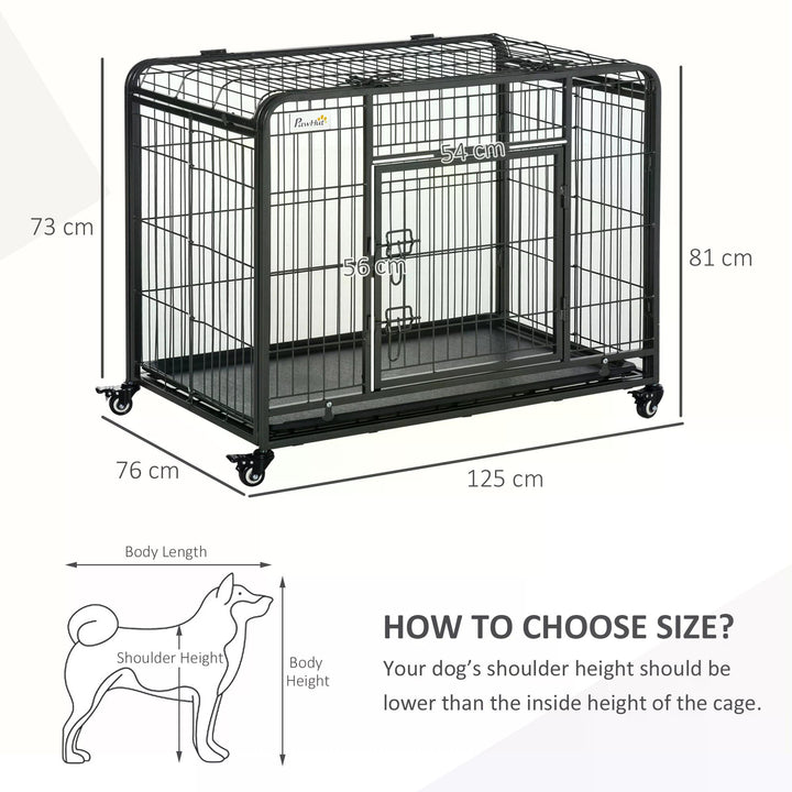 PawHut Folding Heavy-Duty Dog Crate: Double Door Pet Kennel with Removable Tray, Lockable Wheels, 125cm x 76cm x 81cm | Aosom UK