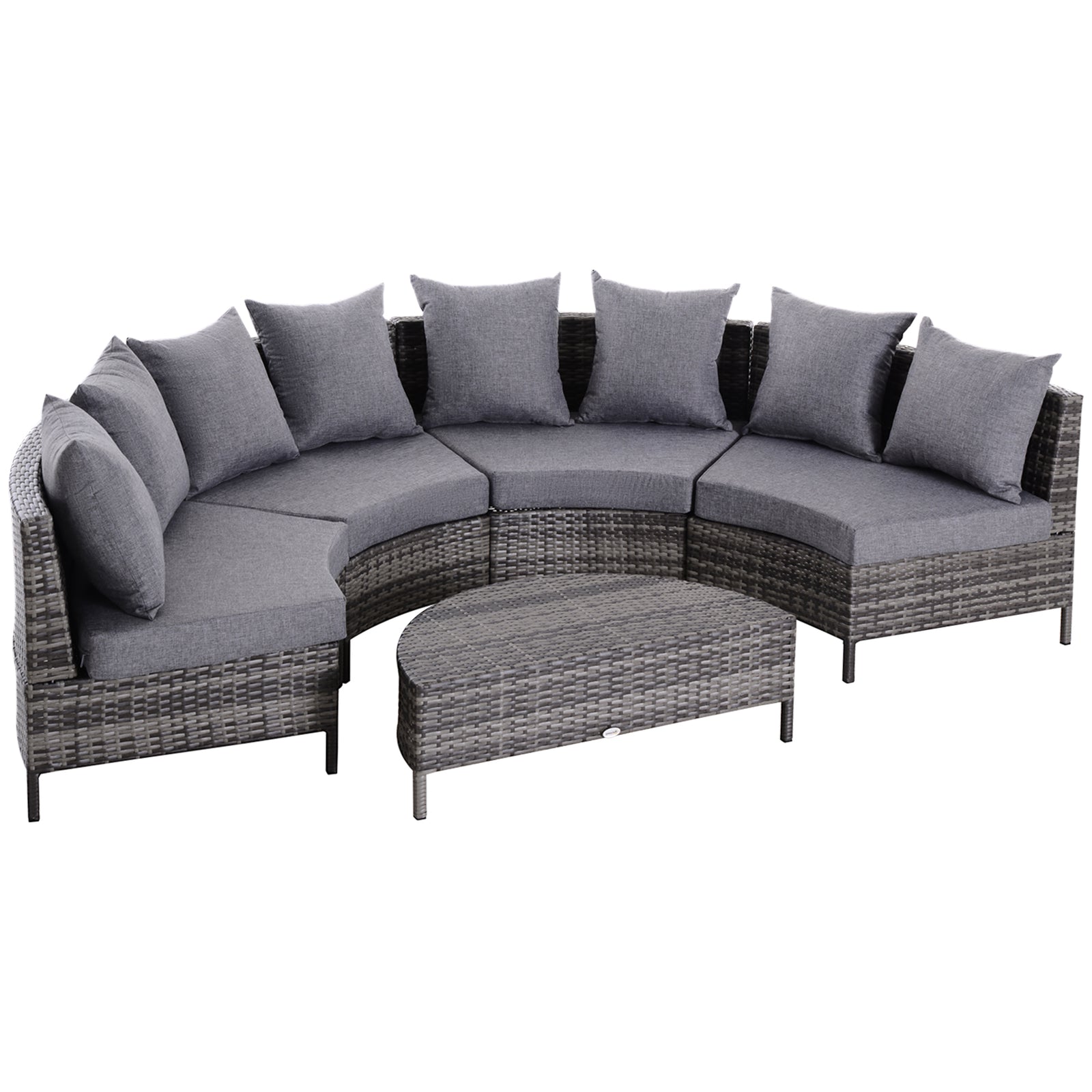5 Pieces Rattan Garden Furniture Set, 4 Seater Half-Round Garden Sofa Set with Thickened Cushions, Wicker Conservatory Furniture with 4 Chairs, Rattan Coffee Table and Pillows, Grey