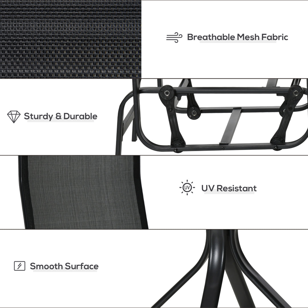 MCL 3 Pieces Garden Gliding Chair Set, Metal Frame 2 Single Armchair Swing Seater and 1 Glass Top Coffee Table w/ Breath Mesh Fabric Seat, Black