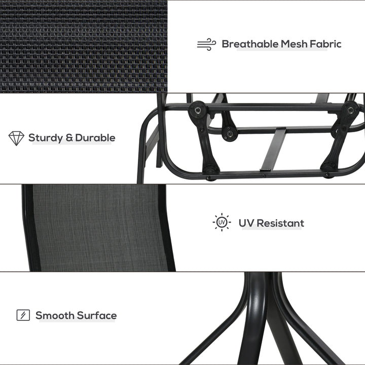 MCL 3 Pieces Garden Gliding Chair Set, Metal Frame 2 Single Armchair Swing Seater and 1 Glass Top Coffee Table w/ Breath Mesh Fabric Seat, Black