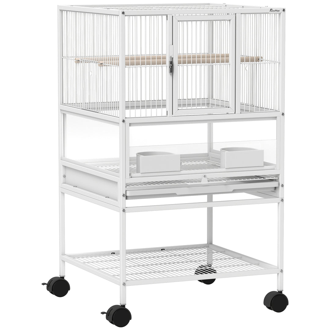 Bird Cage with Rolling Stand, Acrylic Viewing Panels, Storage Shelf, for Budgie, Parakeet, 48 x 46 x 83 cm