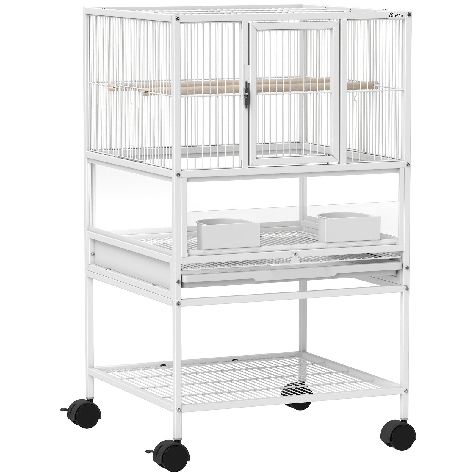 Bird Cage with Rolling Stand, Acrylic Viewing Panels, Storage Shelf, for Budgie, Parakeet, 48 x 46 x 83 cm