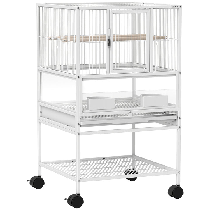Bird Cage with Rolling Stand, Acrylic Viewing Panels, Storage Shelf, for Budgie, Parakeet, 48 x 46 x 83 cm