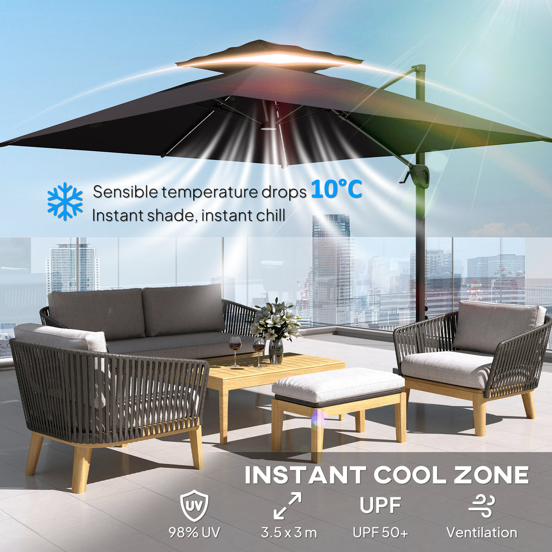 3.5x3 m Garden Cantilever Parasol with Solar LED Lights and Centre Light, Aluminium Large Square Patio Umbrella, UPF50+ Hanging Sun Shade with Cross Base, Crank Handle and Tilt, Grey