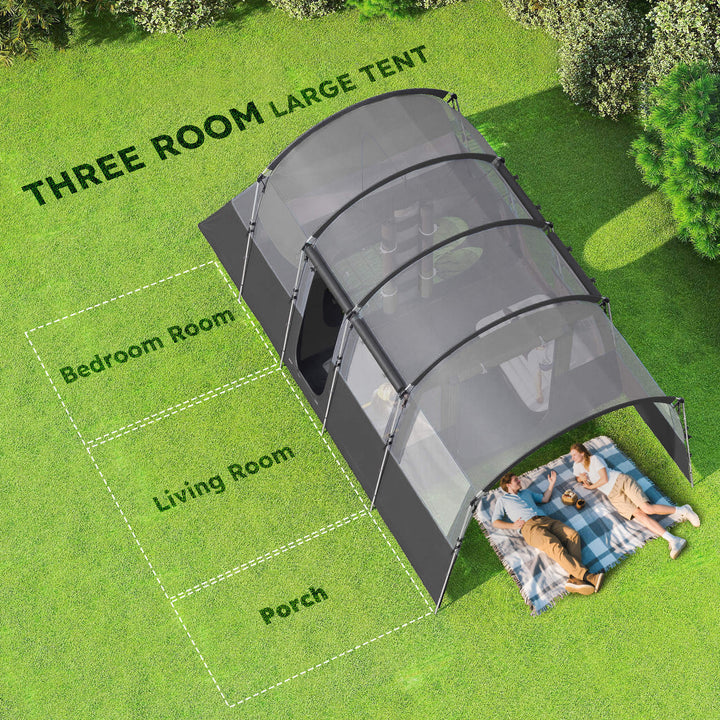 8-Person Camping Tent, Waterproof Family Tent, Tunnel Design, 4 Large Windows, Sleeping Cabins 3000mm Water Column Grey