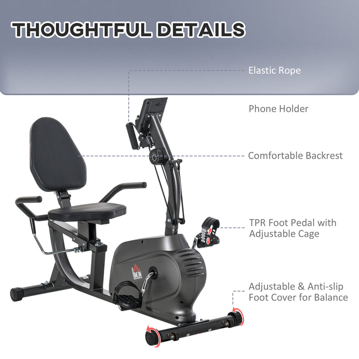 HOMCOM Fitness Recumbent Bike Magnetic Resistance Exercise Bike Stationary Cycling Bike, Pad Holder with LCD Monitor, Indoor Cardio Workout, Black