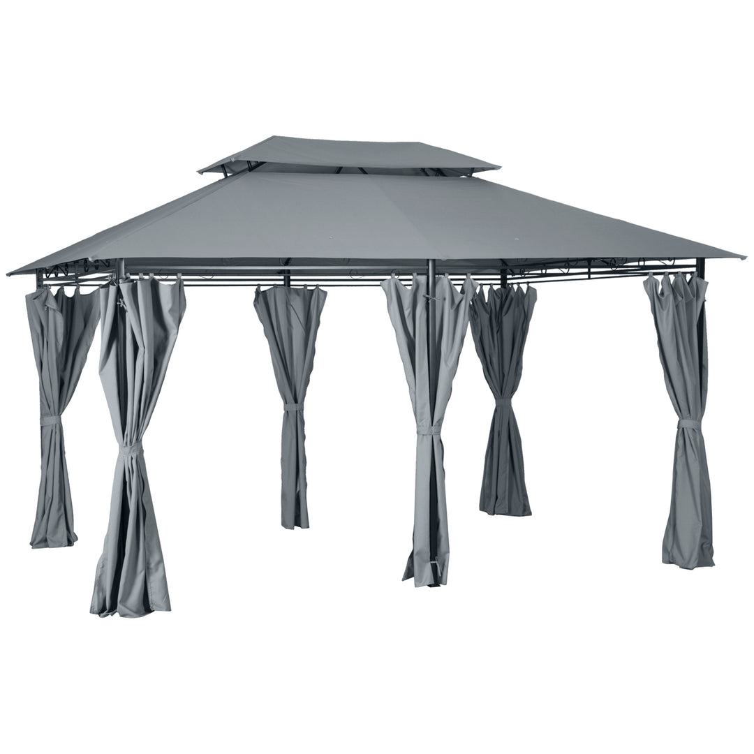 4m x 3(m)Garden Gazebo, Double Roof Outdoor Gazebo Canopy Shelter with Curtains, Solid Steel Frame for Lawn and Deck, Grey