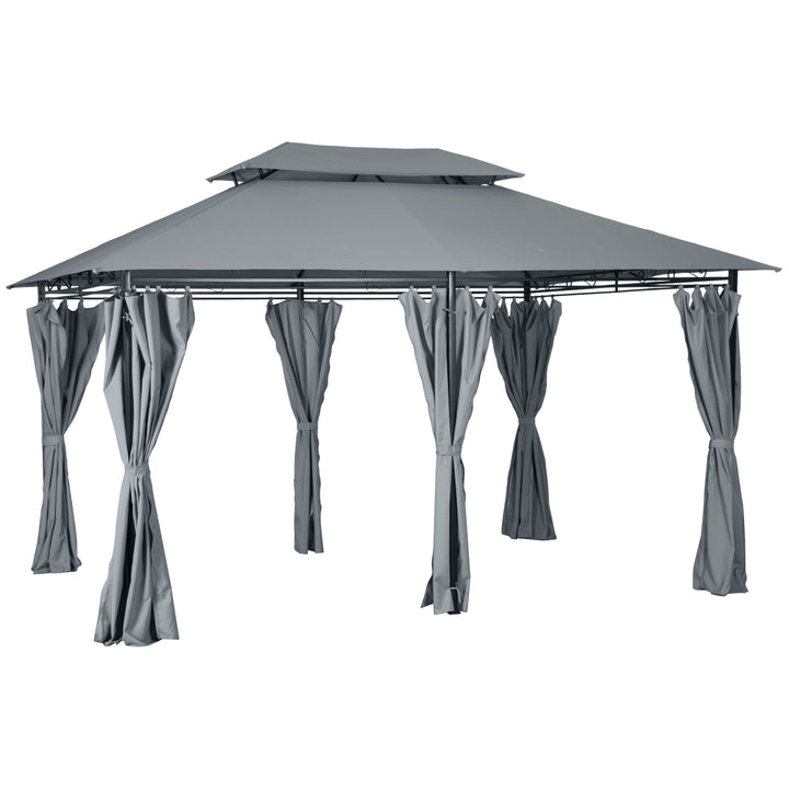 4m x 3(m)Garden Gazebo, Double Roof Outdoor Gazebo Canopy Shelter with Curtains, Solid Steel Frame for Lawn and Deck, Grey