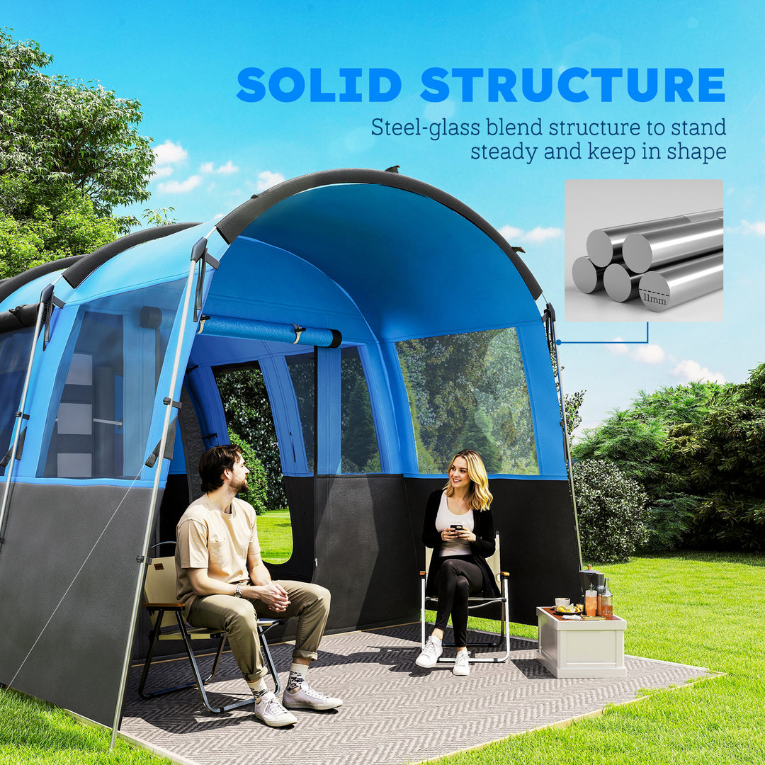 8-Person Camping Tent, Waterproof Family Tent, Tunnel Design, 4 Large Windows, Sleeping Cabins 3000mm Water Column Blue