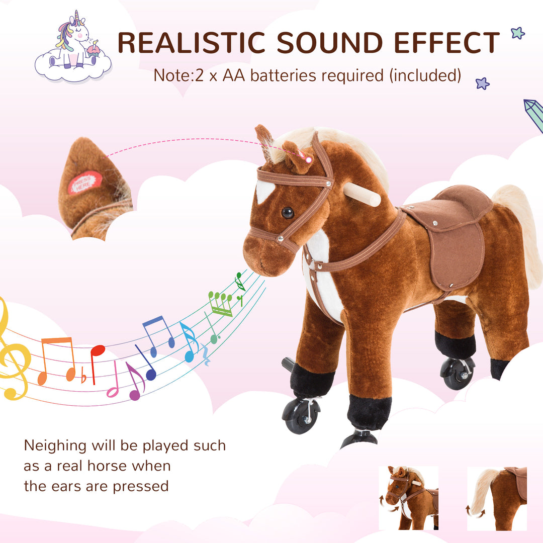 Rocking Horse Kids Ride on Walking Horse Animal Pony Wheeled Riding Plush Toy w/Sound for 2 Years and Up (Brown)