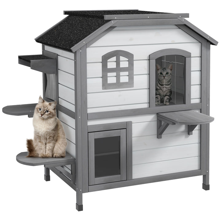 PawHut 2-Storey Indoor or Outdoor Wooden Cat Enclosure Kitty Shelter with Escape Door, Openable Weatherproof & Waterproof Roof, White | Aosom UK