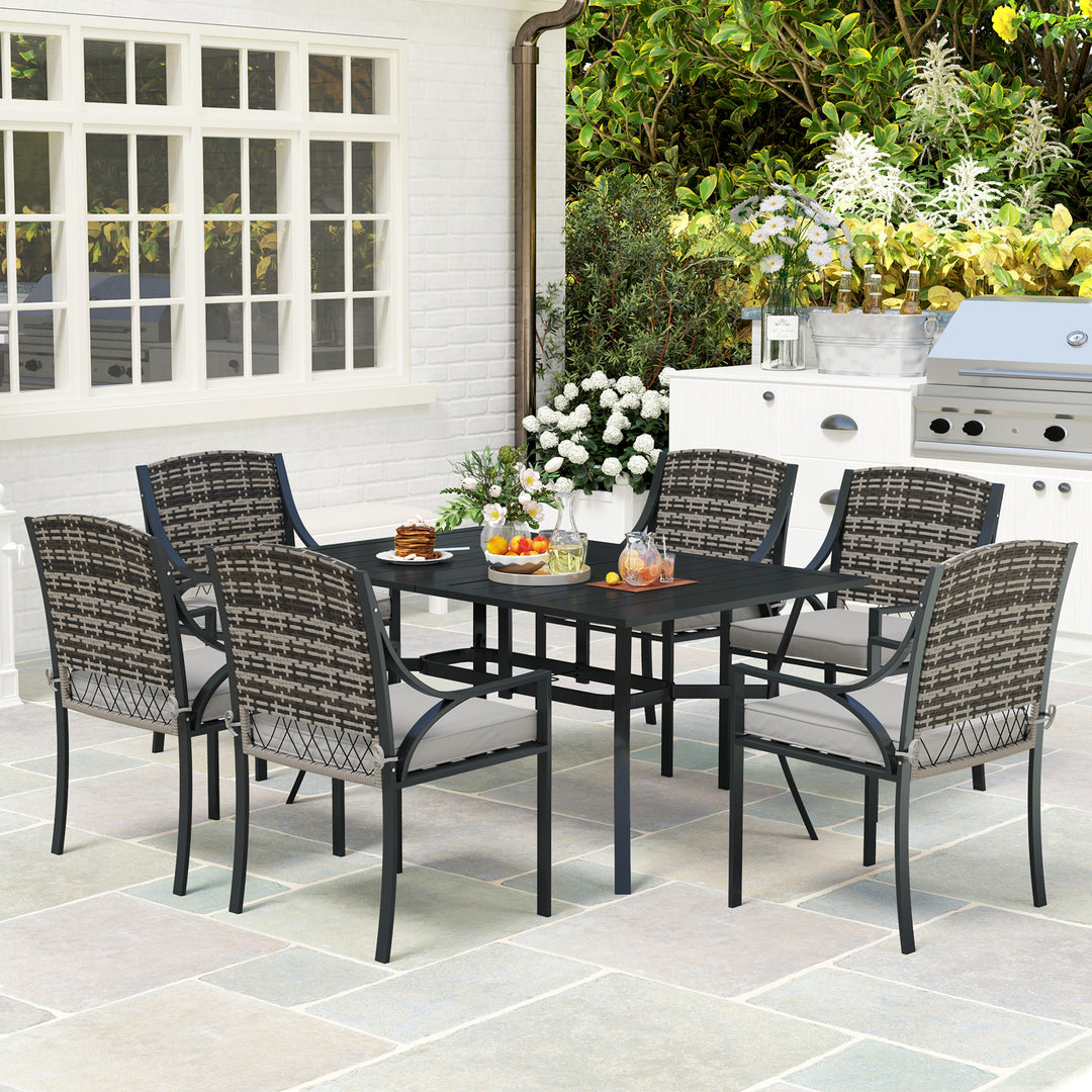 Rattan Garden Furniture Set with Cushions, 6 Seater Rattan Dining Set with 6 Armchairs, 150 x 96cm Rectangular Table, Umbrella Hole, for Outdoor, Patio, Balcony, Terrace, Conservatory