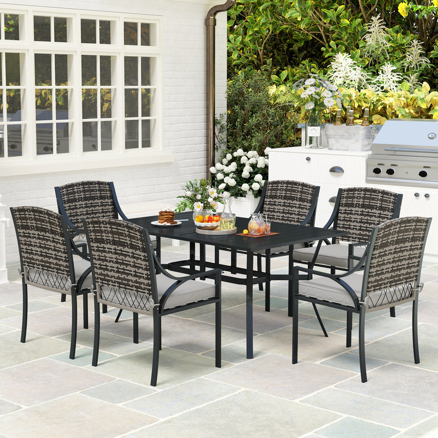 Rattan Garden Furniture Set with Cushions, 6 Seater Rattan Dining Set with 6 Armchairs, 150 x 96cm Rectangular Table, Umbrella Hole, for Outdoor, Patio, Balcony, Terrace, Conservatory
