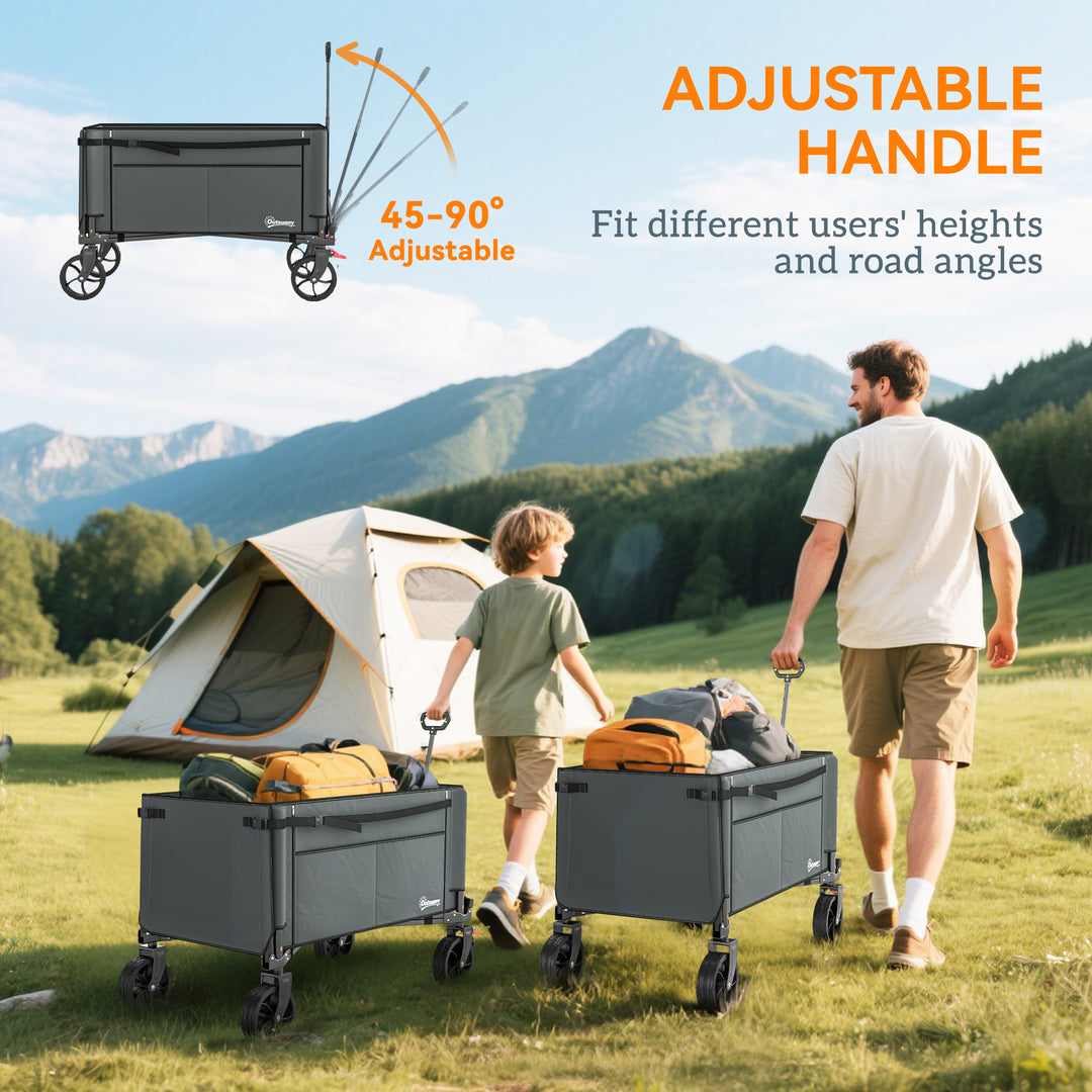 Festival Trolley on Wheels, 150L Folding Camping Trolley Cart with Openable Sides, Adjustable Handle and Brakes for Shopping Beach Garden Fishing, Grey