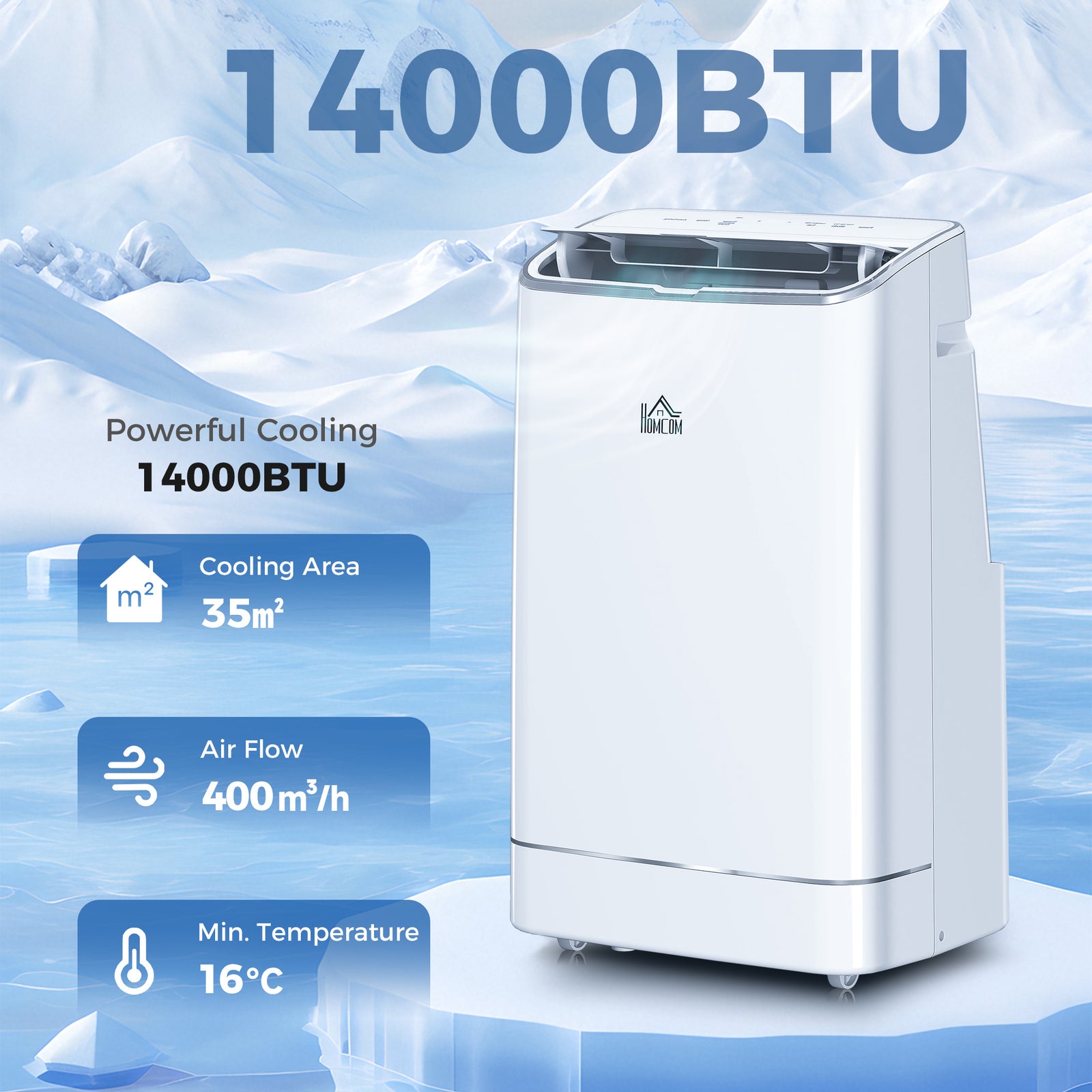 14000 BTU Mobile Air Conditioner, 35m², Smart Home WiFi, with Dehumidifier, Fan, 24H Timer, Window Kit, White