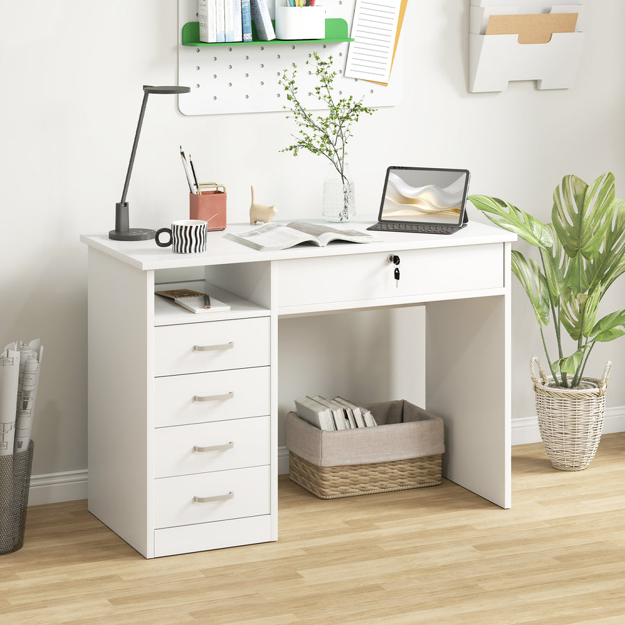 Computer Desk, Home Office Desk with Lockable Drawer, Storage Shelf for Study Bedroom, 110 x 50 x 76 cm, White