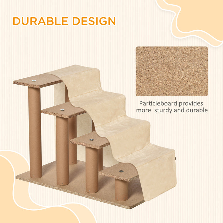Four-Step Dog Stairs, with Washable Plush Cover, for High Bed Sofa, Dog Stairs for Small Dog and Cat - Beige