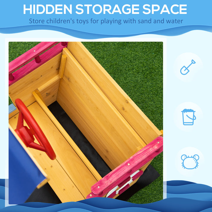 Kids Wooden Sand Pit Children Sandbox Pirate Ship Sandboat Play Station for Outdoor w/ Canopy Shade Storage Bench Bottom Liner