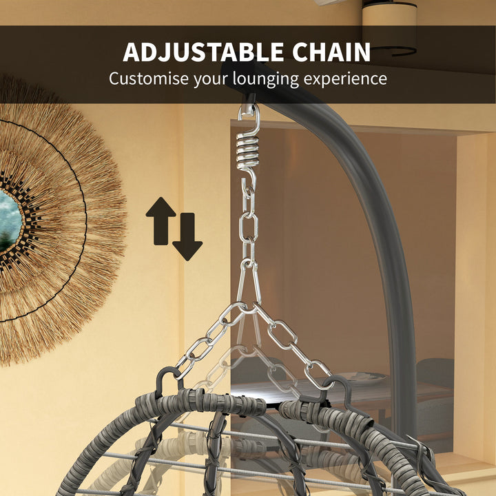 Rattan Hanging Egg Chair, Foldable Wicker Hammock Swing Chair with Cushion, Stand, Adjustable Height, Head Pillow, Steel Frame for Garden Patio Indoor Outdoor, Light Grey