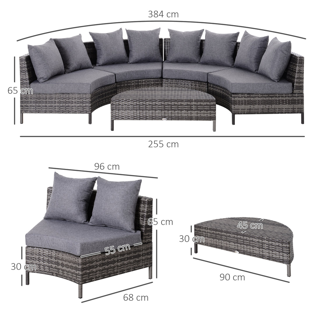 5 Pieces Rattan Garden Furniture Set, 4 Seater Half-Round Garden Sofa Set with Thickened Cushions, Wicker Conservatory Furniture with 4 Chairs, Rattan Coffee Table and Pillows, Grey
