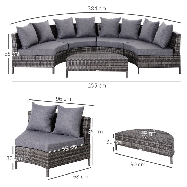 5 Pieces Rattan Garden Furniture Set, 4 Seater Half-Round Garden Sofa Set with Thickened Cushions, Wicker Conservatory Furniture with 4 Chairs, Rattan Coffee Table and Pillows, Grey