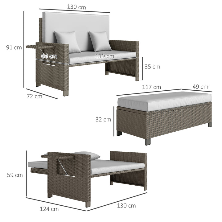 Rattan Day Bed, with Footstool - Light Grey