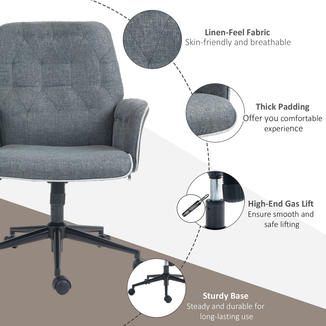 HOMCOM Modern Linen Computer Chair, Swivel Office Chair with Armrest, Adjustable Height, Dark Grey | Aosom UK