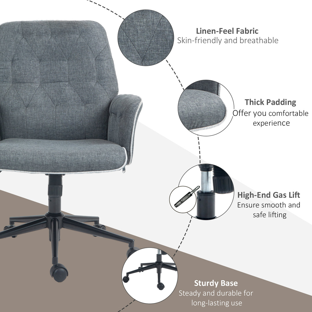 HOMCOM Modern Linen Computer Chair, Swivel Office Chair with Armrest, Adjustable Height, Dark Grey
