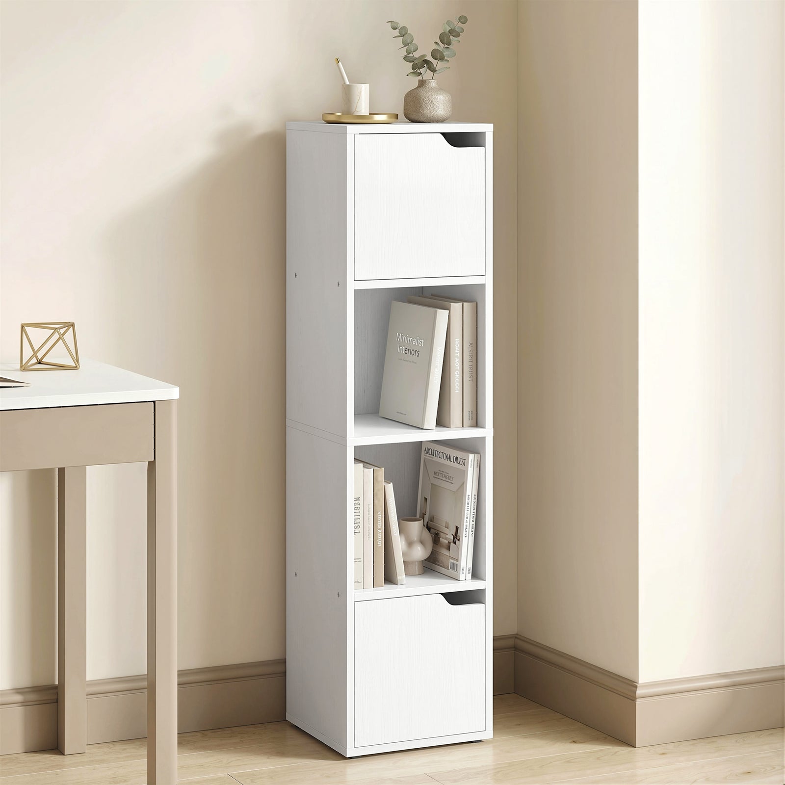 Narrow Bookcase, 4-Tier Bookshelf, Storage Cabinet with doors for Livi