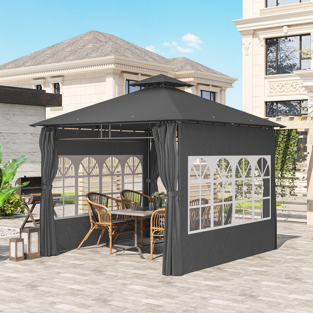 3 x 3 m Garden Gazebo, Double Roof Metal Gazebo with Removable Sidewalls and Church Windows, Outdoor Canopy Shelter, Dark Grey